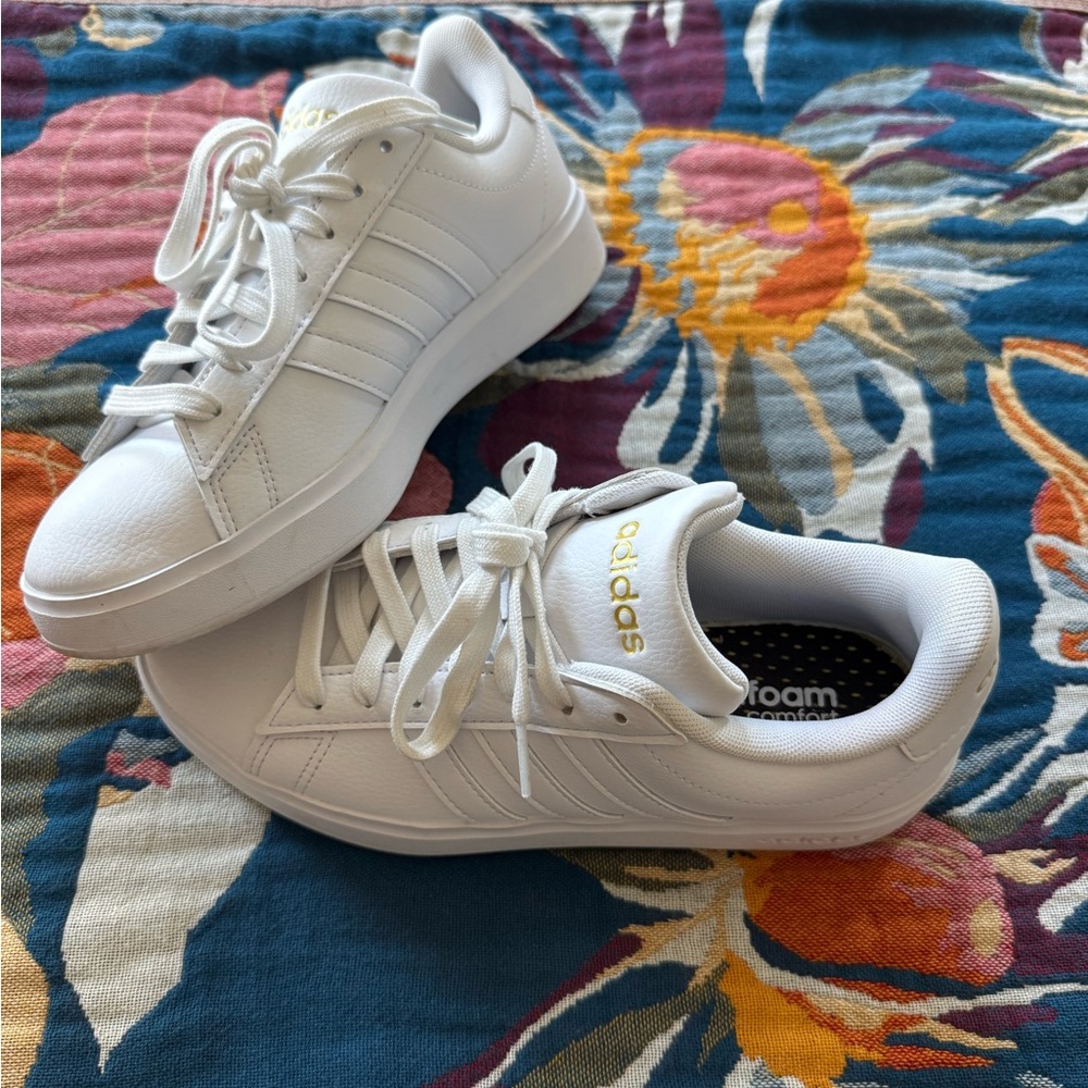 Adidas White Sneakers with Gold Accents